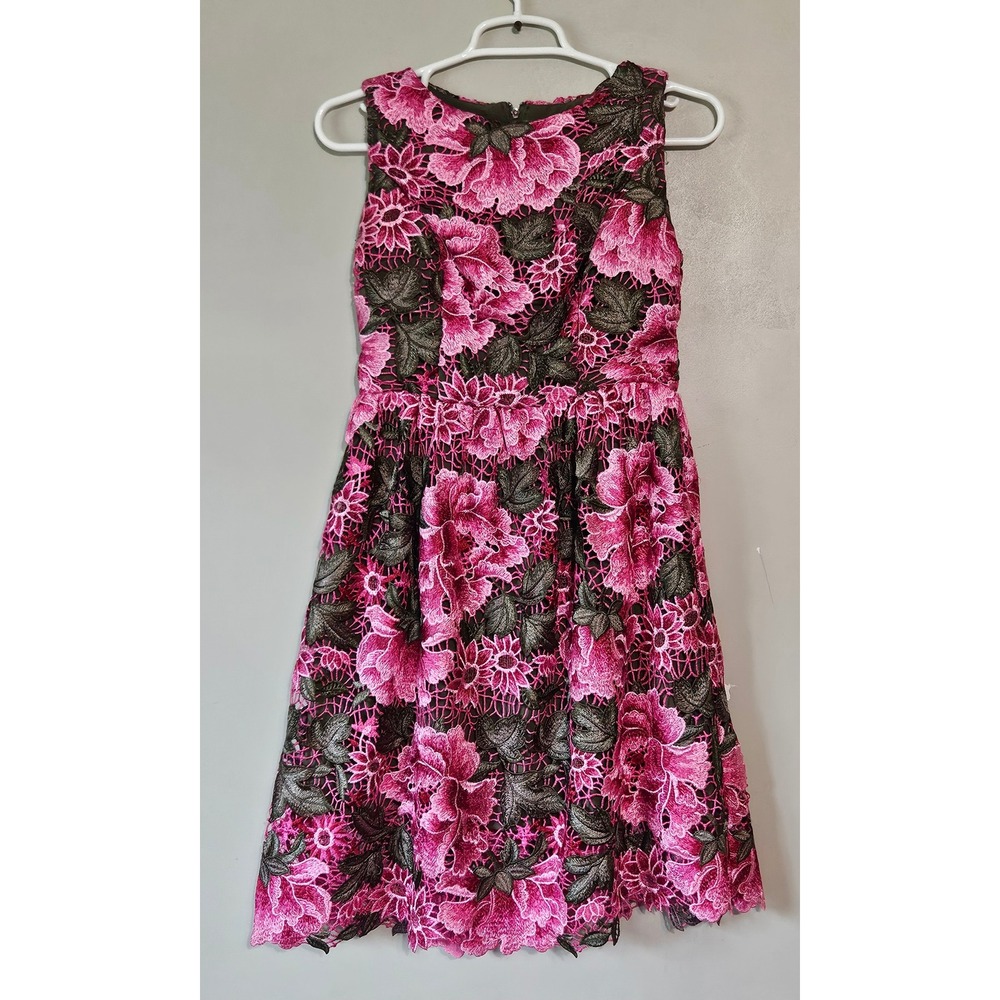 Anthropologie Eri + Ali Pink Green Floral Lace‎ Dress Petite 4P  Sleeveless